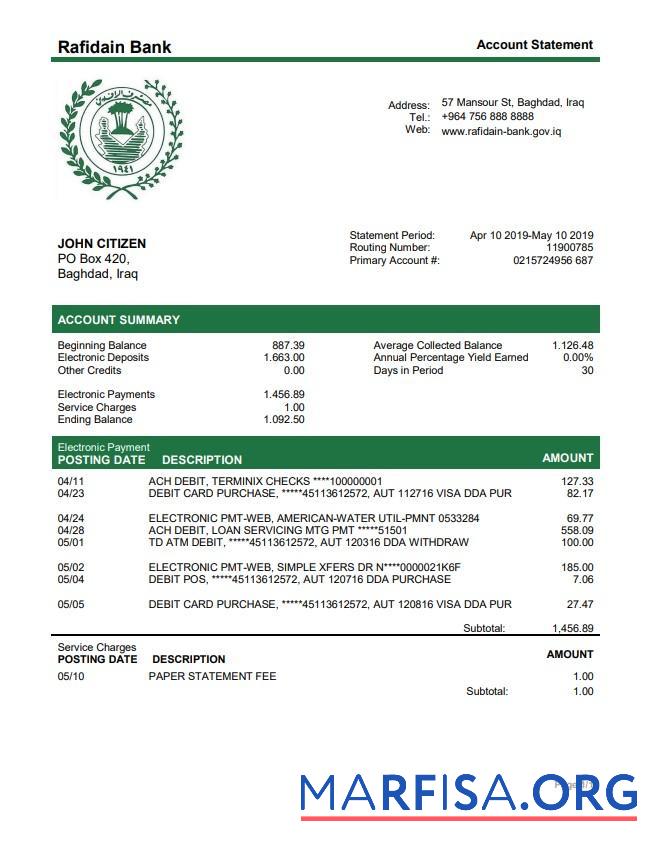 Downloadable Iraq Rafidain bank statement word download for verification